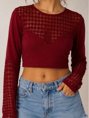 Free people Women's Burgundy Lace-Inset Crop Top xS